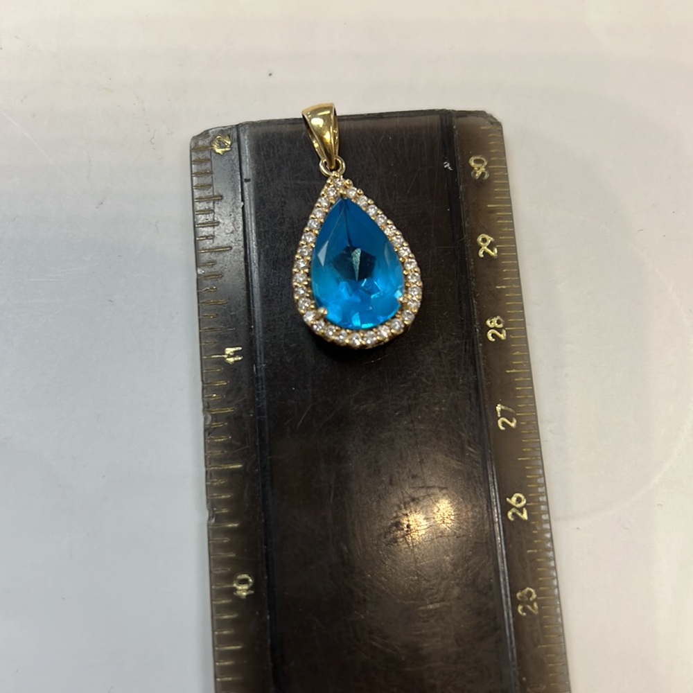 Diamonds Blue Topaz 18K Solid Gold Pendant - Picture 3 of 6